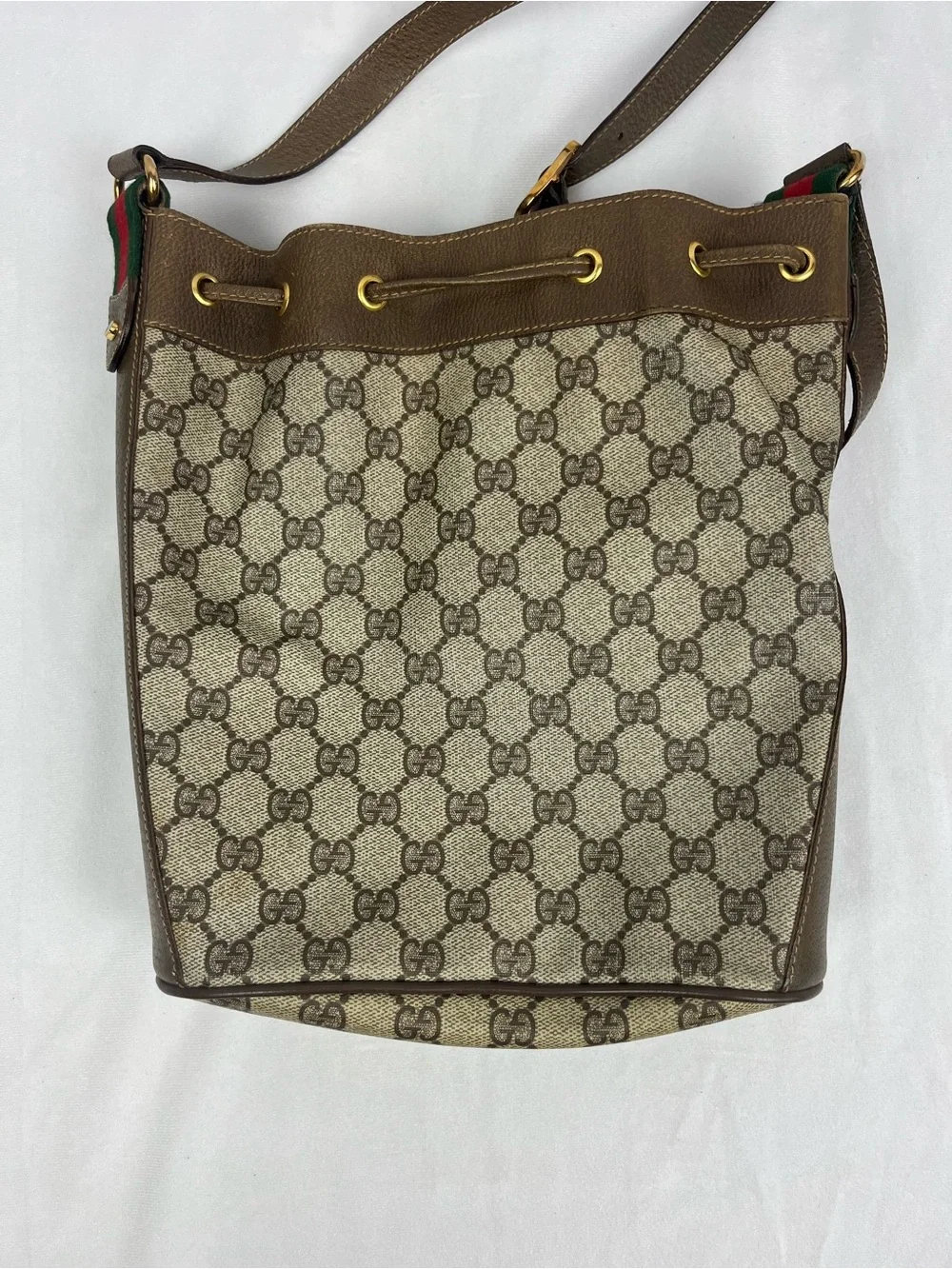 GUCCI Sherry Line Drawstring Shoulder Bag & Dustbag GG Brown Monogram VTG Italy - Picture 5 of 16